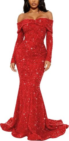 Sparkly Sequin Prom Dresses Long Sleeve Formal Dress Off Shoulder Mermaid Evening Gowns for Women in Saudi Arabia