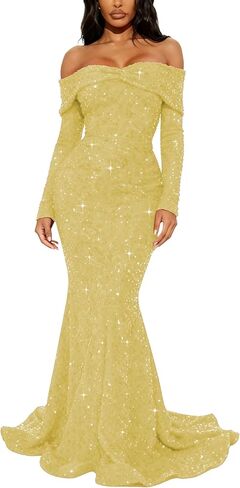 Sparkly Sequin Prom Dresses Long Sleeve Formal Dress Off Shoulder Mermaid Evening Gowns for Women in Saudi Arabia
