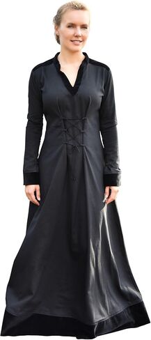 Battle-Merchant Meira Medieval Lace-Up Dress for Women Cotton Gown with Velvet Trim, Renaissance Faire, LARP & Gothic Costume in Kuwait