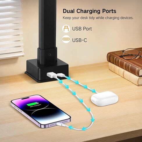 مصباح مكتبي LED مقاس 29.5 بوصة من OUTON للمنزل والمكتب، ومنافذ USB-A وUSB-C، وجهاز تحكم عن بعد باللمس، و5 درجات حرارة ألوان، وتعتيم بدون خطوات، ووظيفة المؤقت والذاكرة، وإضاءة شاشة للعناية بالعين بقدرة 24 وات لصياغة الدراسة in Kuwait