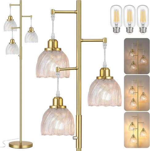 مصابيح أرضية ذهبية قابلة للتعتيم من ROTTOGOON لغرفة المعيشة، مصباح قائم على شكل شجرة عتيقة مع ظلال زجاجية، 3 مصابيح أرضية على شكل زهرة منتصف القرن الخفيفة لغرفة النوم والمكتب، 6 وات، ظلال ذهبية وخضراء مصقولة in Kuwait