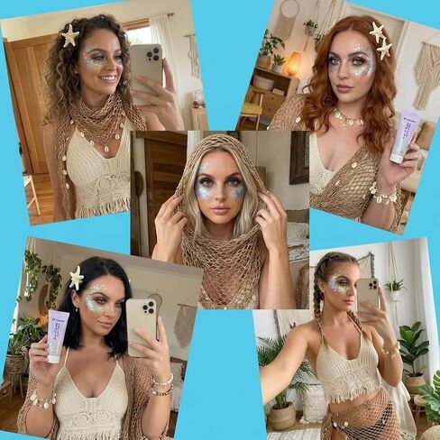 مجموعة إكسسوارات نسائية مكونة من 6 قطع من أزياء حورية البحر، حمالة صدر علوية قابلة للتعديل، تنورة صفارة كروشيه على شكل صدفة، مشابك شعر نجم البحر، سوار على شكل لؤلؤة، جل لامع للجسم للهالوين، شاطئ الهذيان، بيج المهرجان in Kuwait