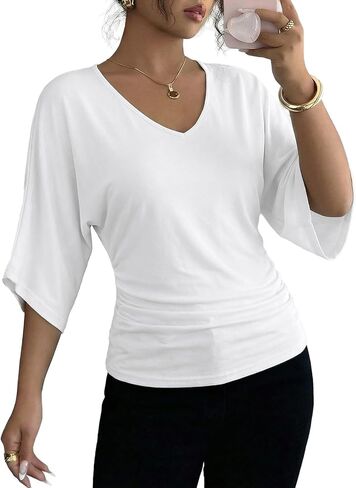 EVALESS Womens Tops Spring Summer Dressy Casual V Neck 3/4 Batwing Sleeve Ruched T-Shirt Business Work Outfits Blouses in Saudi Arabia
