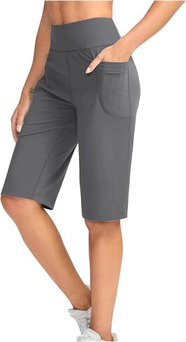 Bermuda Shorts for Women Knee Length High Waisted Shorts Tummy Control Wide Leg Yoga Capri Wide Leg Workout Leggings in Kuwait