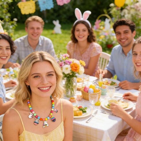 Rainbow Beads Bunny Egg Pendant Necklace and Bracelet for Women Girls, Colorful Beaded Stretch Bracelet, Cute Enamel Rabbit Drop Earrings, Little Girls Jewelry Sets, Holiday Favors Gift for Girls in Kuwait