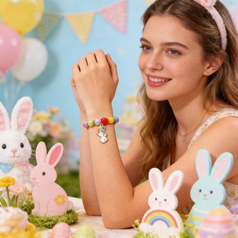 Rainbow Beads Bunny Egg Pendant Necklace and Bracelet for Women Girls, Colorful Beaded Stretch Bracelet, Cute Enamel Rabbit Drop Earrings, Little Girls Jewelry Sets, Holiday Favors Gift for Girls in Kuwait