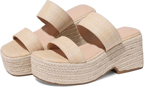 صندل إسبادريل نسائي بكعب عريض منزلق صيفي سهل الارتداء على منصة - ويدج، رافية، مقدمة مربعة، لطيف، حزامان من القش، أحذية زفاف كاجوال مريحة in Kuwait