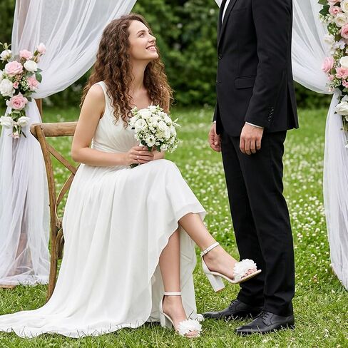 كعب سميك مريح للنساء: كعب ثابت 3 بوصة وزهرة أنيقة للمشي بثقة في حفل الزفاف - نعل داخلي مبطن ناعم وحزام كاحل قابل للتعديل للعروس ووصيفات العروس in Kuwait