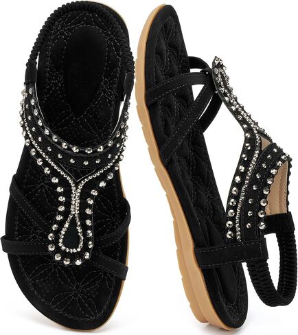 Alicegana Womens Flat Sandals Casual: Comfortable Walking Non Slip Summer Shoes 2026 Ankle Strap Elastic Jeweled Bohemian Sandals Vacation in Kuwait