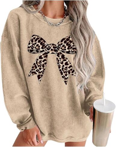 Women's Plus Size Bow Leopard Sweatshirt Long Sleeve Crew Neck Pullover Tops Streetwear Fall Clothes in Saudi Arabia