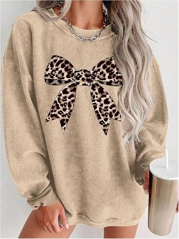 Women's Plus Size Bow Leopard Sweatshirt Long Sleeve Crew Neck Pullover Tops Streetwear Fall Clothes in Saudi Arabia