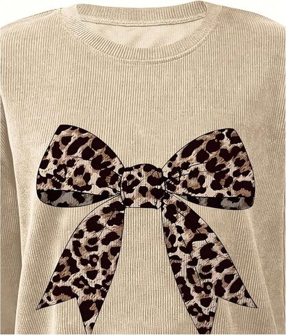 Women's Plus Size Bow Leopard Sweatshirt Long Sleeve Crew Neck Pullover Tops Streetwear Fall Clothes in Saudi Arabia