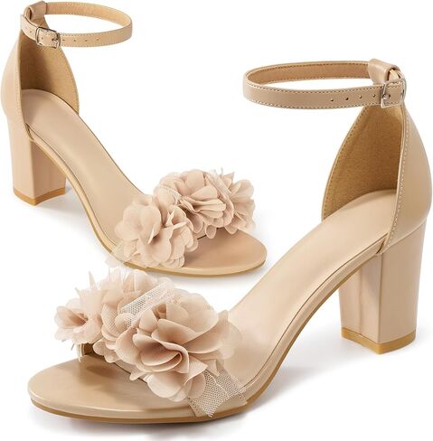 Comfortable Block Heels for Women: 3-inch Stable Heel & Elegant Flower for Confidence Walking on Wedding - Soft Cushioned Insole & Adjustable Ankle Strap for Bride & Bridesmaids in Kuwait