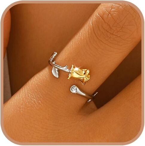 Easter Gifts 925 Sterling Silver Rose Flower Ring for Women Dainty 14k Gold Plated Cute Rose Promise Ring to Daughter Mom Two-Tone Stackable Band Ring Birthday Jewelry Adjustable Size 5 to 8 in Saudi Arabia