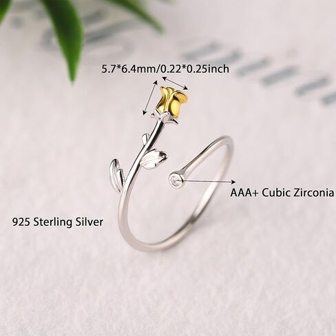 Easter Gifts 925 Sterling Silver Rose Flower Ring for Women Dainty 14k Gold Plated Cute Rose Promise Ring to Daughter Mom Two-Tone Stackable Band Ring Birthday Jewelry Adjustable Size 5 to 8 in Saudi Arabia