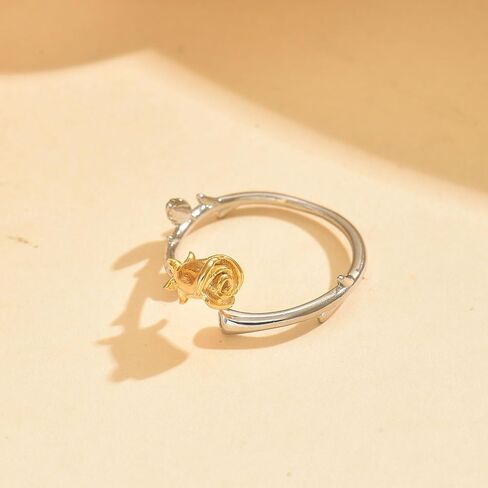 Easter Gifts 925 Sterling Silver Rose Flower Ring for Women Dainty 14k Gold Plated Cute Rose Promise Ring to Daughter Mom Two-Tone Stackable Band Ring Birthday Jewelry Adjustable Size 5 to 8 in Saudi Arabia