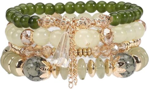 4Pcs Bohemian Multi-layer Stackable Beaded Bracelets Colorful Crystal Stones Beads and Stretchable Bracelets Hawaii Boho Bracelet for Women Men Summer Beach Vacation Jewelry Gifts in Kuwait