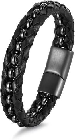 سوار هدايا للرجال من الجلد الأسود المضفر أساور من الفولاذ المقاوم للصدأ، هدية للرجال والأب والزوج والصديق والابن والحفيد والأخ وابن العم 7.5|8.5|9 بوصات in Kuwait