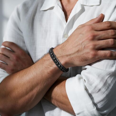 Bracelet Gifts for Men Black Braided Leather Stainless Steel Cuff Bracelets,Gift for Men Dad Husband Boyfriend Son Grandson Brother Nephew Uncle 7.5|8.5|9 Inches in Saudi Arabia