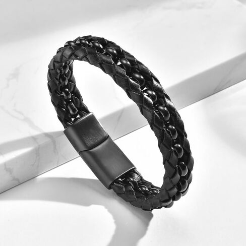 Bracelet Gifts for Men Black Braided Leather Stainless Steel Cuff Bracelets,Gift for Men Dad Husband Boyfriend Son Grandson Brother Nephew Uncle 7.5|8.5|9 Inches in Saudi Arabia