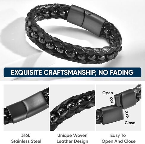 Bracelet Gifts for Men Black Braided Leather Stainless Steel Cuff Bracelets,Gift for Men Dad Husband Boyfriend Son Grandson Brother Nephew Uncle 7.5|8.5|9 Inches in Saudi Arabia