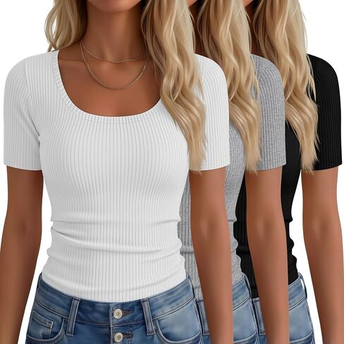 Neer 3 Pack Fitted Ribbed Scoop Neck T-Shirts for Women, Tight Short Sleeve Tops Slim Basic Tee Trendy Summer Blouses in Saudi Arabia