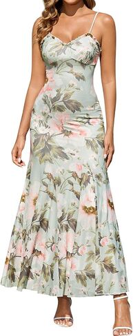 EYNMIN Floral Maxi Dress Lace Spaghetti Strap Flowy Ruffle Long Sundress 2026 Spring Summer Wedding Guest Dresses for Women in Kuwait