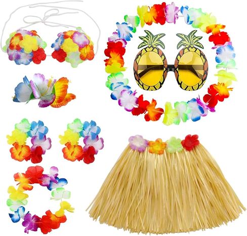 PHOGARY 8 PCS Hula Skirt Costume Accessory Kit Luau Party Dress Up for Girls, Hawaiian Hula Dancing Skirt Set in Saudi Arabia