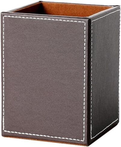 Square Pen Pencil Holder, PU Leather Pencil Cup, Desktop Stationery Organizer, Stand Desk Organizer, Office Accessories Container (Black) in Saudi Arabia
