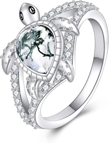KZX Sea Turtle Ring 925 Sterling Silver Moss Agate Turtle Ring Jewelry Gift for Women Size 6/7/8/9 in Saudi Arabia