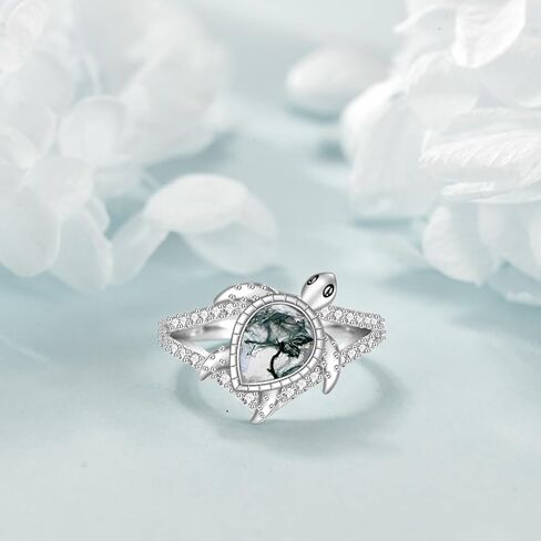 KZX Sea Turtle Ring 925 Sterling Silver Moss Agate Turtle Ring Jewelry Gift for Women Size 6/7/8/9 in Saudi Arabia