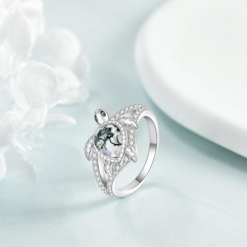 KZX Sea Turtle Ring 925 Sterling Silver Moss Agate Turtle Ring Jewelry Gift for Women Size 6/7/8/9 in Saudi Arabia