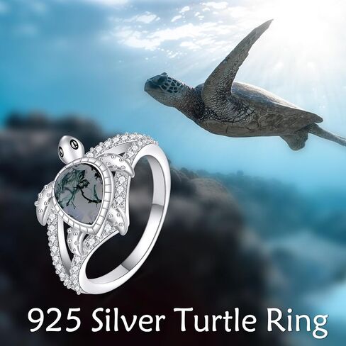 KZX Sea Turtle Ring 925 Sterling Silver Moss Agate Turtle Ring Jewelry Gift for Women Size 6/7/8/9 in Saudi Arabia
