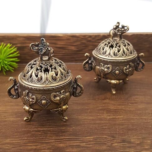 1PC Vintage Bronze Elephant Incense Burner, Tripod Incense Holder with Hollow-Carved Design & Elephant Lid, Aromatherapy Censer for Meditation, Yoga & Home Decor,for Housewarming & Spiritual Seekers in Saudi Arabia