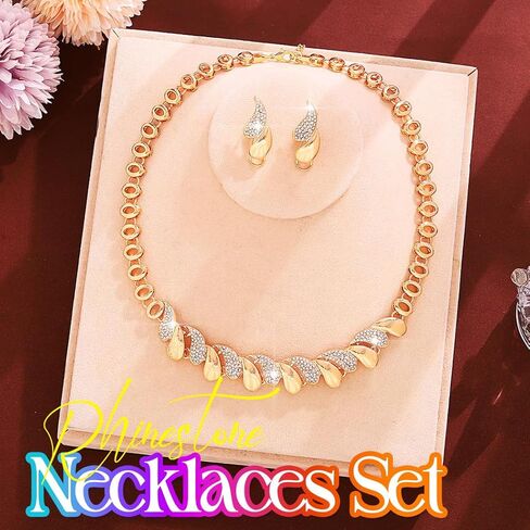 Aukmla Gold Rhinestone Jewelry Set Sparkly Necklace Earrings Sets Prom Costume Jewelry for Women in Saudi Arabia
