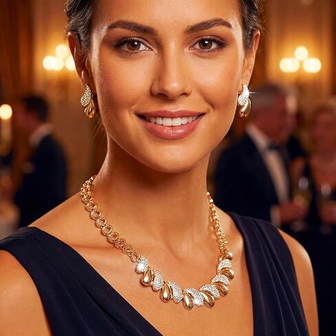 Aukmla Gold Rhinestone Jewelry Set Sparkly Necklace Earrings Sets Prom Costume Jewelry for Women in Saudi Arabia
