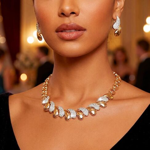 Aukmla Gold Rhinestone Jewelry Set Sparkly Necklace Earrings Sets Prom Costume Jewelry for Women in Saudi Arabia
