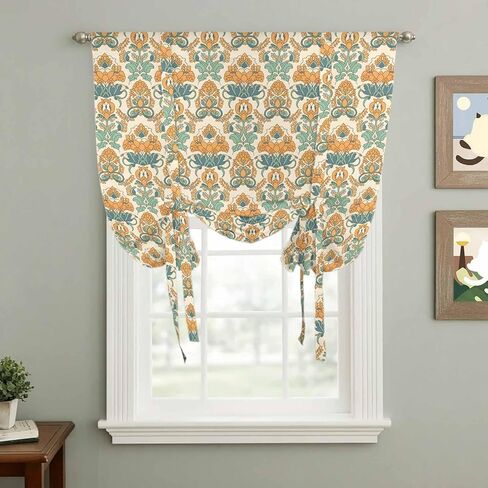Orange Teal Geometric Tie Up Curtains for Window, Ethnic Southwest Country Thermal Insulated Balloon Shade Adjustable Rod Pocket Curtains Valance Panels for Kitchen Bathroom Café 42'' x 63'' in Saudi Arabia