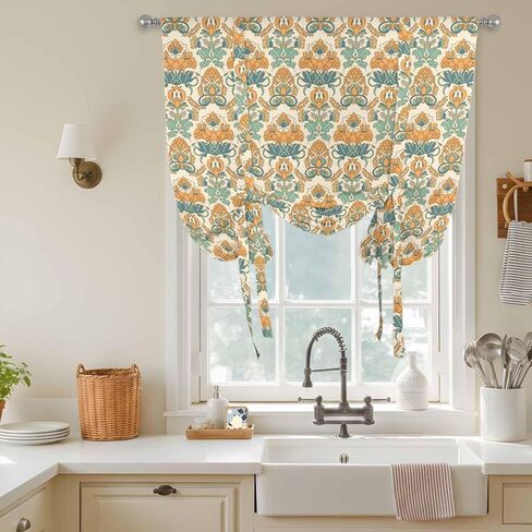 Orange Teal Geometric Tie Up Curtains for Window, Ethnic Southwest Country Thermal Insulated Balloon Shade Adjustable Rod Pocket Curtains Valance Panels for Kitchen Bathroom Café 42'' x 63'' in Saudi Arabia