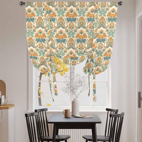 Orange Teal Geometric Tie Up Curtains for Window, Ethnic Southwest Country Thermal Insulated Balloon Shade Adjustable Rod Pocket Curtains Valance Panels for Kitchen Bathroom Café 42'' x 63'' in Saudi Arabia