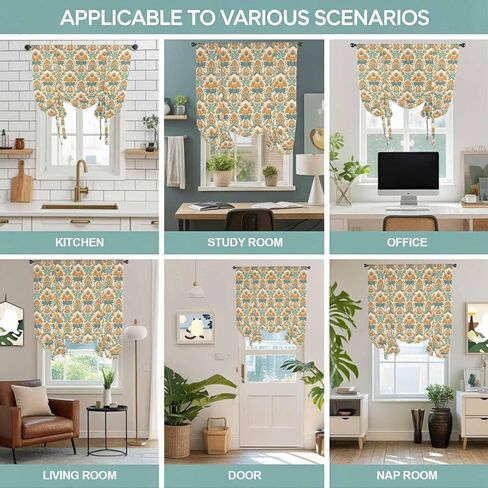 Orange Teal Geometric Tie Up Curtains for Window, Ethnic Southwest Country Thermal Insulated Balloon Shade Adjustable Rod Pocket Curtains Valance Panels for Kitchen Bathroom Café 42'' x 63'' in Saudi Arabia