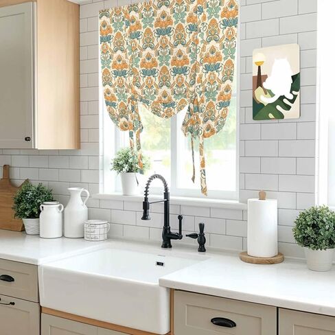 Orange Teal Geometric Tie Up Curtains for Window, Ethnic Southwest Country Thermal Insulated Balloon Shade Adjustable Rod Pocket Curtains Valance Panels for Kitchen Bathroom Café 42'' x 63'' in Saudi Arabia