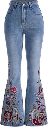 SOLY HUX Women's Floral Embroidery Bell Bottom Jeans Y2k Casual Denim Flare Pants in Saudi Arabia
