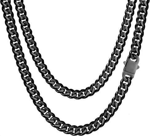 Miami Cuban Link Chain Necklace for Men Women Gold Plated Silver Black Stainless Steel Curb Chain Necklace 5mm/7mm/8mm/9mm/12mm/14mm Width 18 to 30 inch Secure Clasp Hip Hop Jewelry Gifts for Men in Kuwait