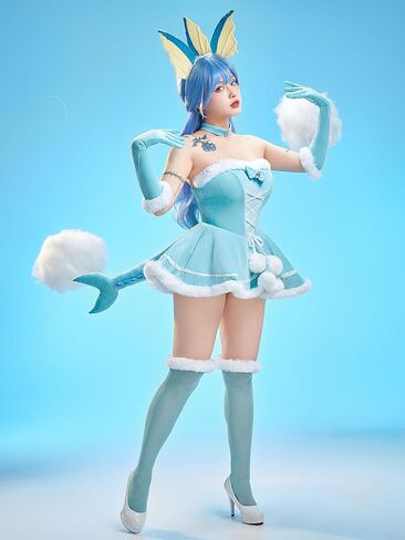 Mobbunny Women Anime Derivative Mini Dress Plush Cosplay Costume Blue Babydoll Fluffy Dress with Headband and Tail in Saudi Arabia