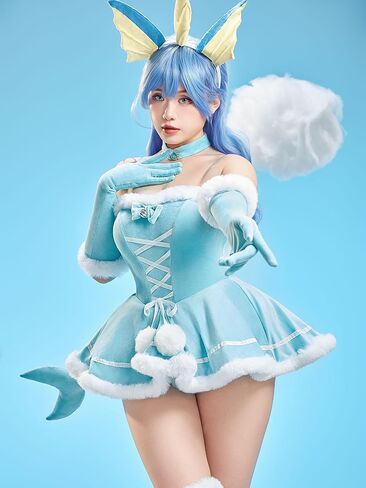 Mobbunny Women Anime Derivative Mini Dress Plush Cosplay Costume Blue Babydoll Fluffy Dress with Headband and Tail in Saudi Arabia