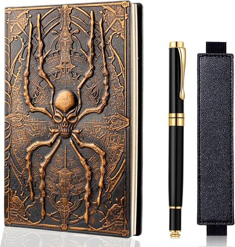 FEIDIAO Vintage Spider Notebook DND منقوش، مجلة سفر ثلاثية الأبعاد من جلد البولي يوريثان مع قلم حبر جاف وغطاء قلم، غلاف فني A5، مذكرات بطانة غلاف فني، هدية كتابة للرجال والنساء (فضي) in Kuwait