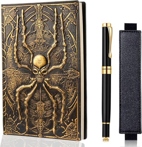 FEIDIAO Vintage Spider Notebook DND منقوش، مجلة سفر ثلاثية الأبعاد من جلد البولي يوريثان مع قلم حبر جاف وغطاء قلم، غلاف فني A5، مذكرات بطانة غلاف فني، هدية كتابة للرجال والنساء (فضي) in Kuwait