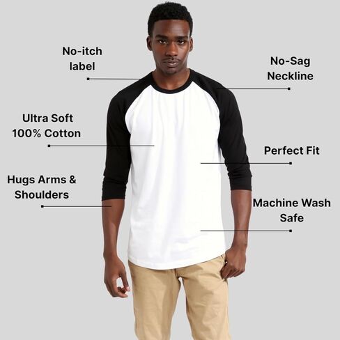 Men’s 3/4 Sleeve Raglan Baseball T-Shirt, 100% Cotton Soft Lightweight Jersey Fit in Saudi Arabia