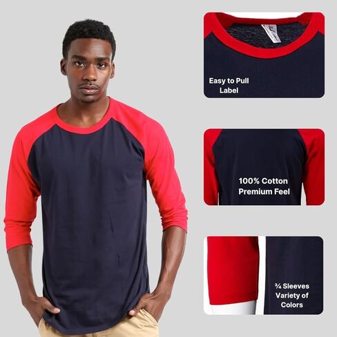 Men’s 3/4 Sleeve Raglan Baseball T-Shirt, 100% Cotton Soft Lightweight Jersey Fit in Saudi Arabia